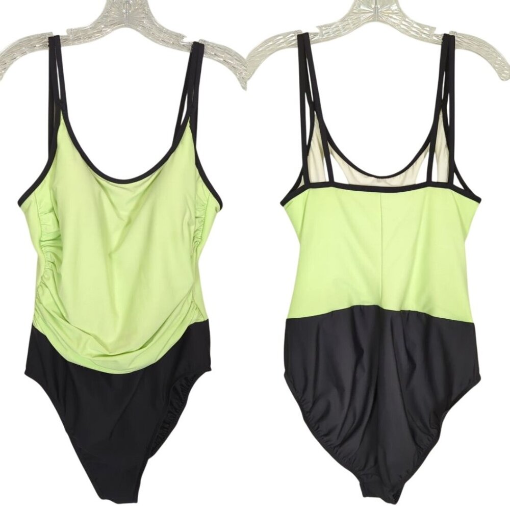 Trimshaper Women's one piece lime green black swimsuit size 14 ruched side